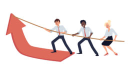 Teamwork pulling up red arrow raising profit cartoon vector concept.