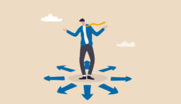 Choose career path, make life decision choice, decide the right or wrong direction, opportunity challenge, confusion or thinking to find the way concept, confused businessman choosing direction.