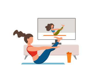 Online fitness yoga classes vector concept. Stay home girl doing