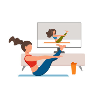 Online fitness yoga classes vector concept. Stay home girl doing