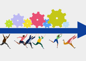 Group of young motivated people running together in one direction and holding the arrow with rotating gears