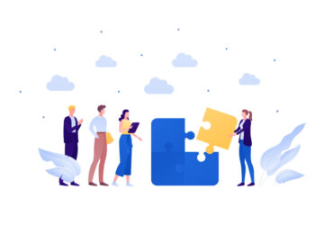 Business teamwork brainstorm concept. Vector flat person illustration. Group of employee people with female holding jigsaw puzzle piece isolated on white. Design element for banner, background.