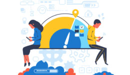 People working overtime. Cartoon worker with electronic devices. Busy man and woman. Deadline and stay late in office. Watch and halftone symbols. Vector employees in stress concept