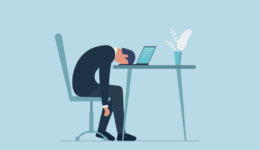 Professional burnout syndrome. Exhausted sick tired male manager in office sad boring sitting with head down on laptop. Frustrated worker mental health problems. Vector long work day illustration