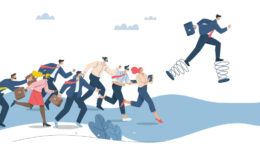 Business competition, Increasing competitive efficiency to superior to competitors, Strategizing to become a business leader, Businessman with spring runs leaps and bounds ahead of the competition.