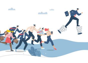 Business competition, Increasing competitive efficiency to superior to competitors, Strategizing to become a business leader, Businessman with spring runs leaps and bounds ahead of the competition.